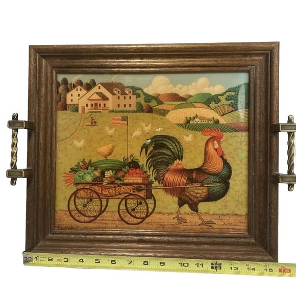 VTG Charles Wysocki Rooster Express Wood Lacquered Service Tray Wall Art Cottage - Picture 4 of 12